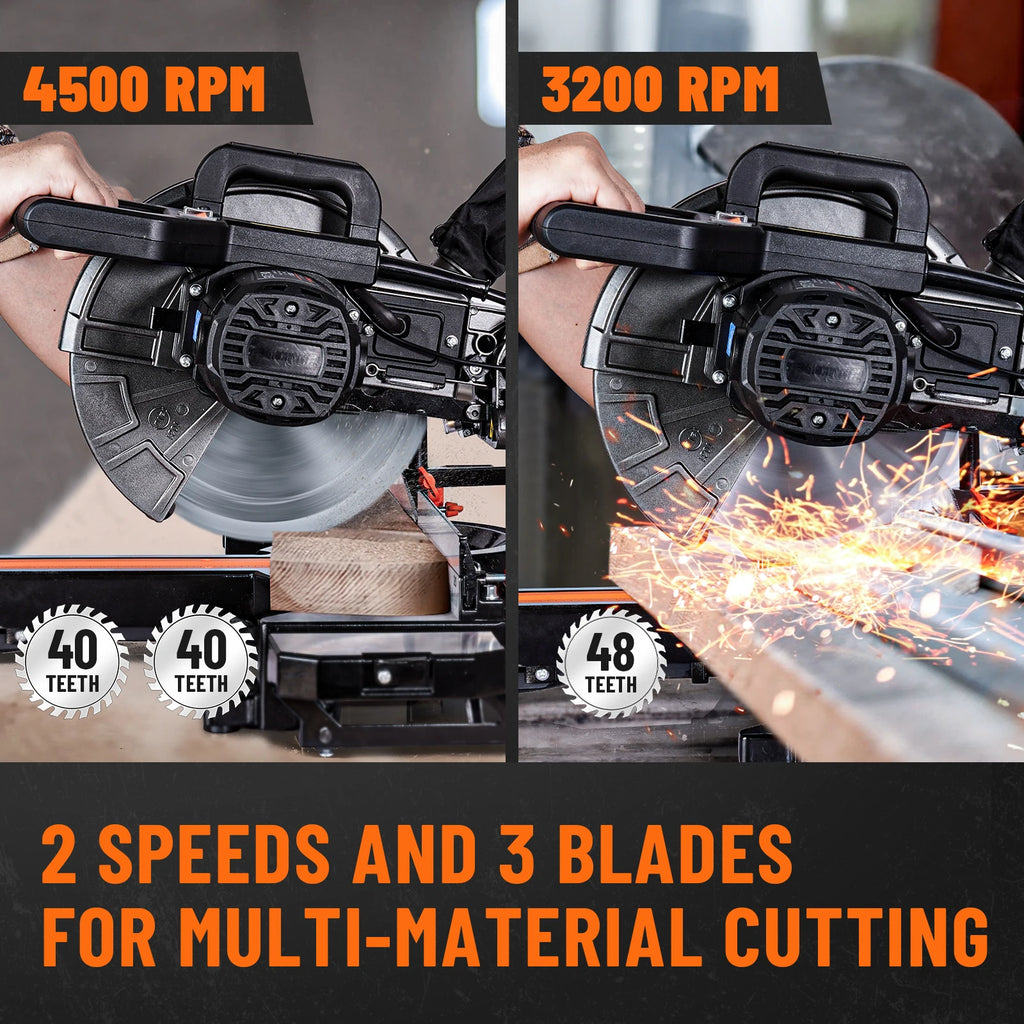 DOVAMAN 340mm Sliding Mitre Saw,3 TCT Blades,Dual-Handed, 45°Bevel w/ Laser, 5000/3200RPM, 2000W for Wood, PVC, Metal