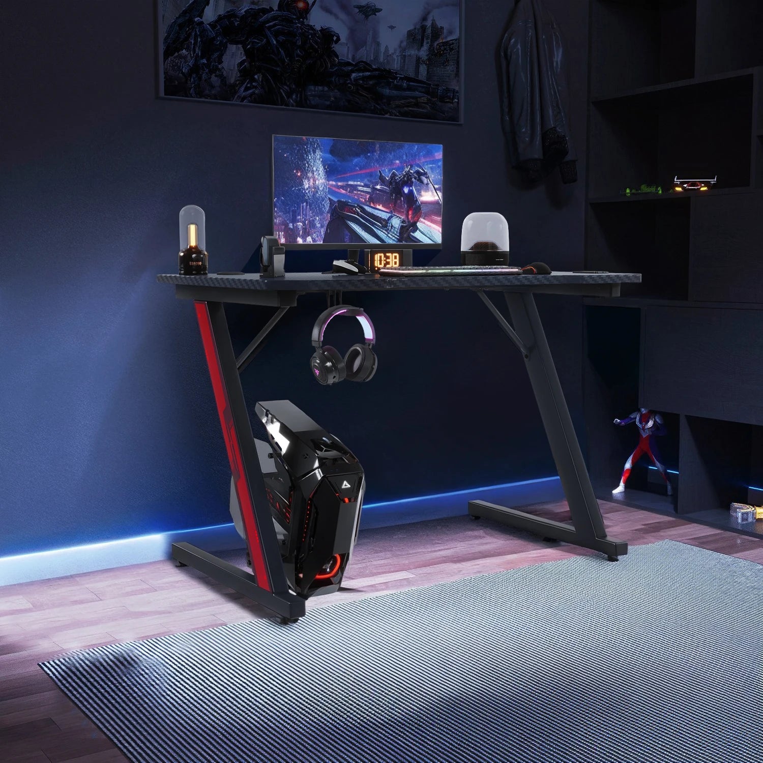 Gaming table 80x52 cm Gaming desk PC table with headphones hook and carbon fiber coating
