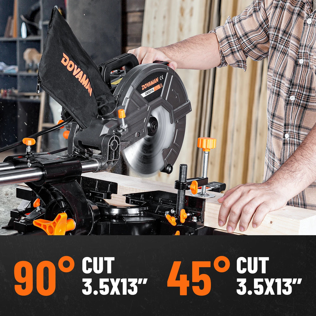 DOVAMAN 340mm Sliding Mitre Saw,3 TCT Blades,Dual-Handed, 45°Bevel w/ Laser, 5000/3200RPM, 2000W for Wood, PVC, Metal