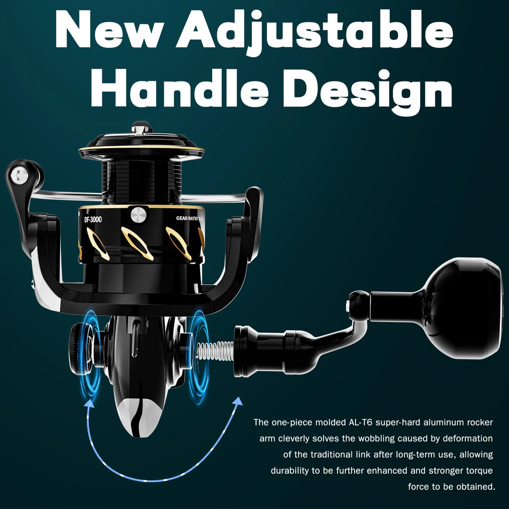 DF3000 Carp Fishing Spinning Reel with New Adjustable Handle Design for Stream River and Sea Boat Fishing