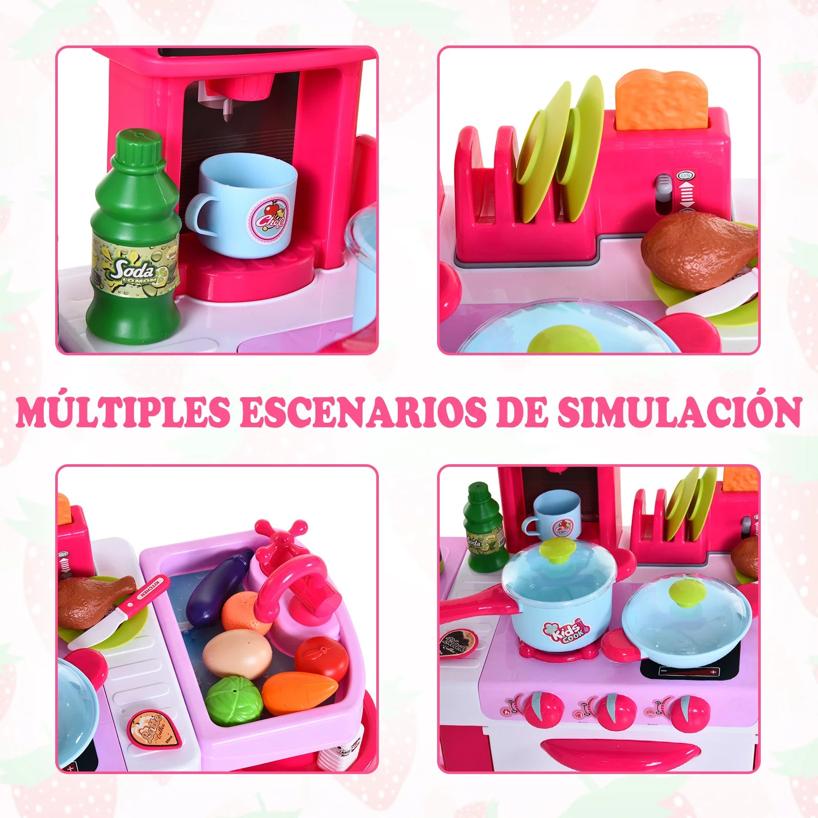 Homcom Kitchen Toy Set for Children over 3 Years Old Early Educational Role Play with 38 Accessories Included Pink