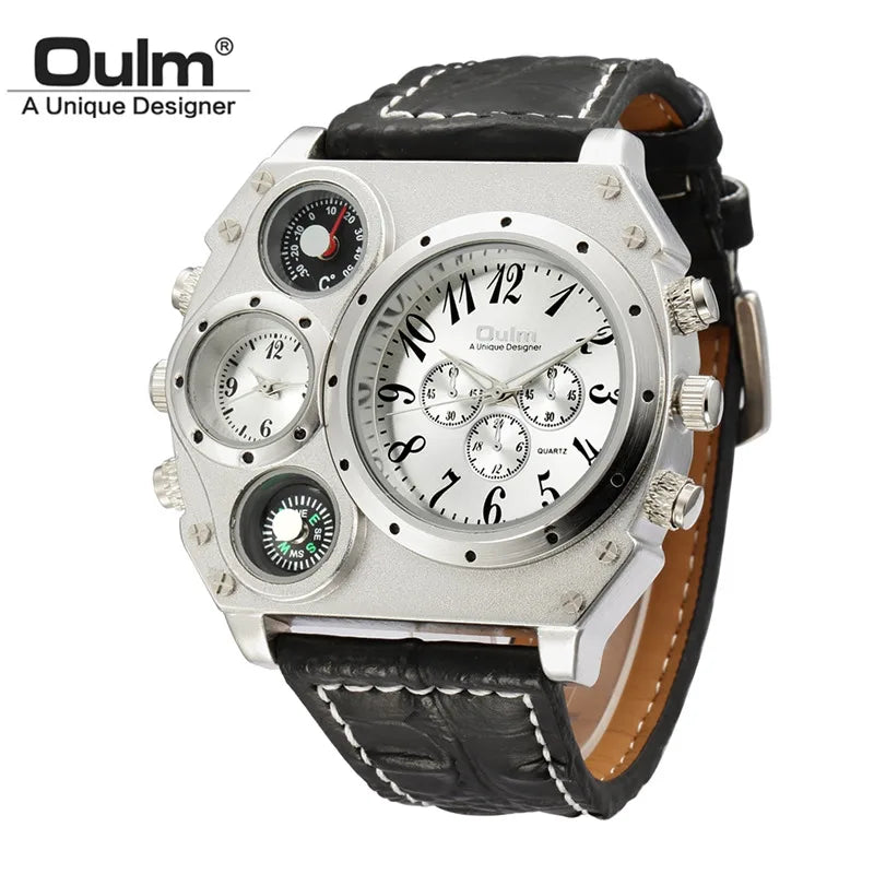 Oulm Original 1349 Two Time Zone Sport Watch Large Dial Big Size Male Quartz Clock Decorative Compass Men Military Watches