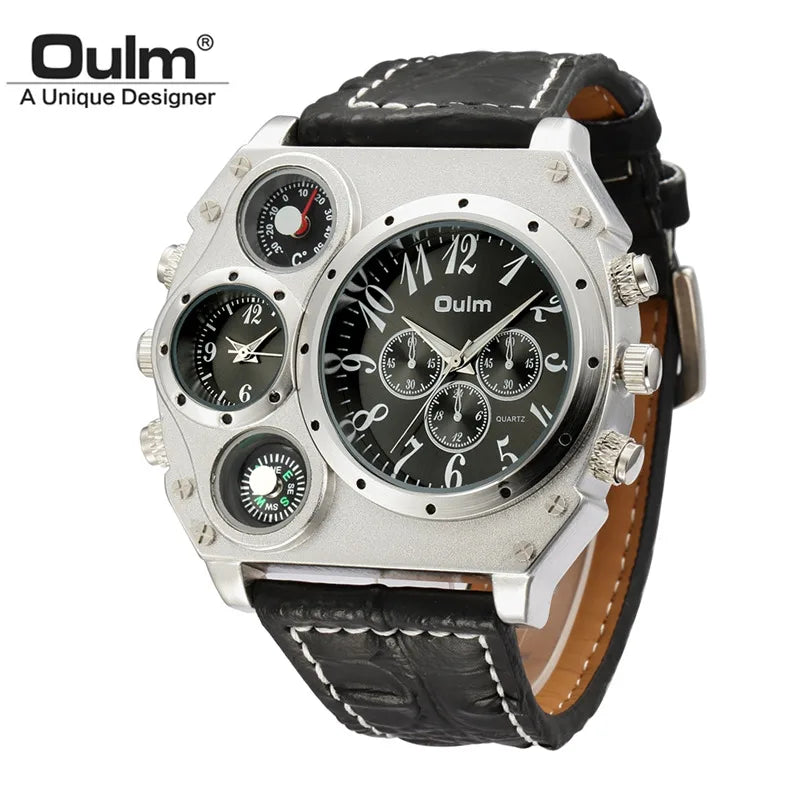 Oulm Original 1349 Two Time Zone Sport Watch Large Dial Big Size Male Quartz Clock Decorative Compass Men Military Watches