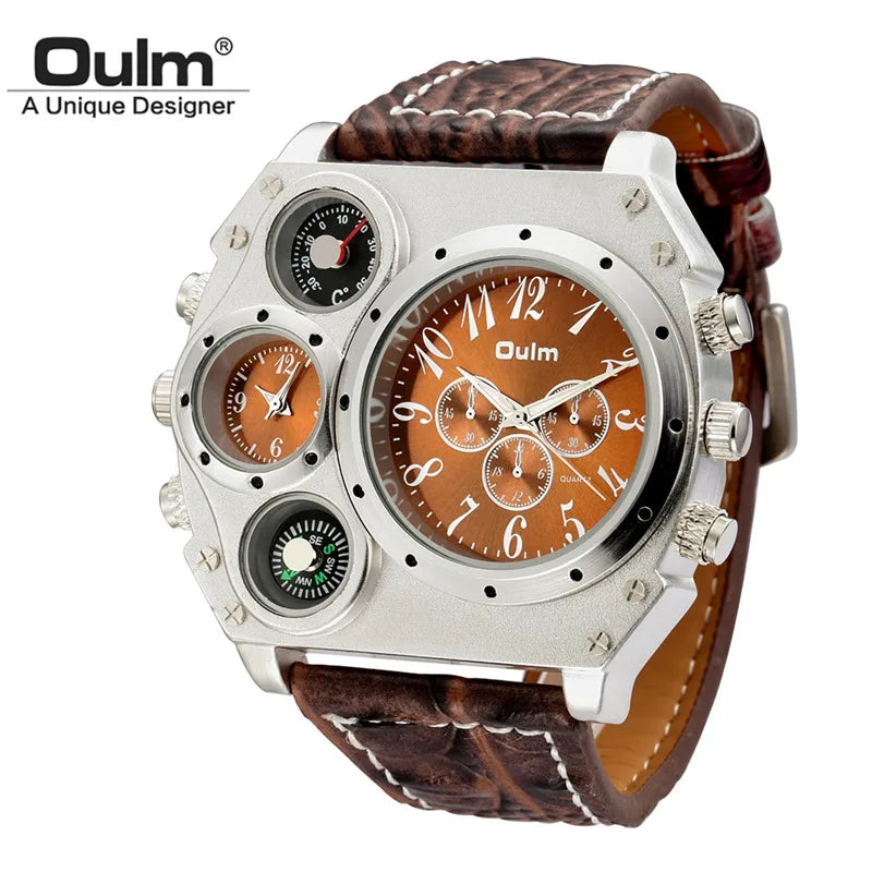Oulm Original 1349 Two Time Zone Sport Watch Large Dial Big Size Male Quartz Clock Decorative Compass Men Military Watches