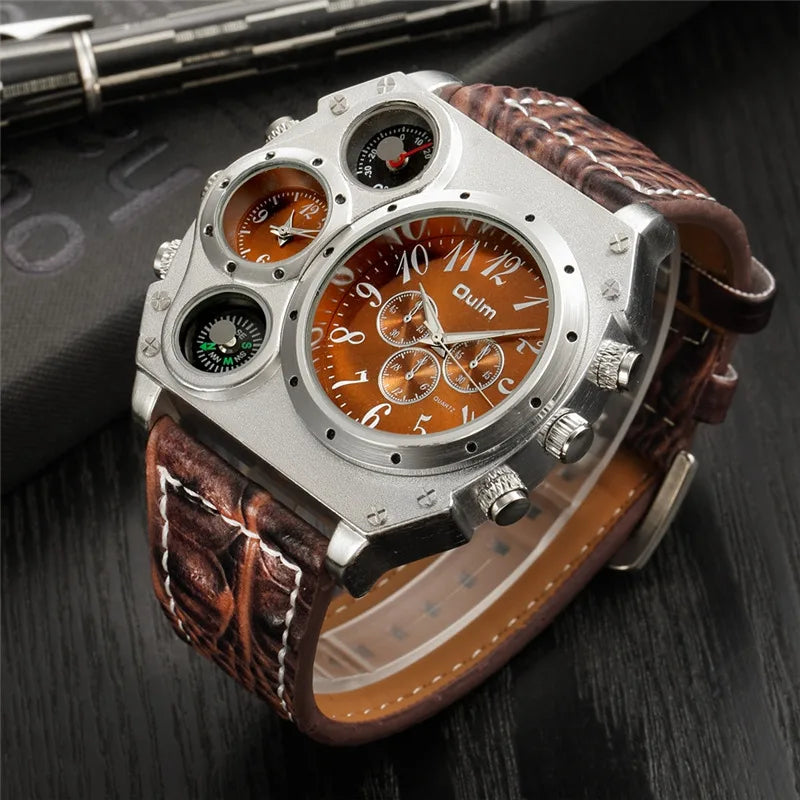 Oulm Original 1349 Two Time Zone Sport Watch Large Dial Big Size Male Quartz Clock Decorative Compass Men Military Watches