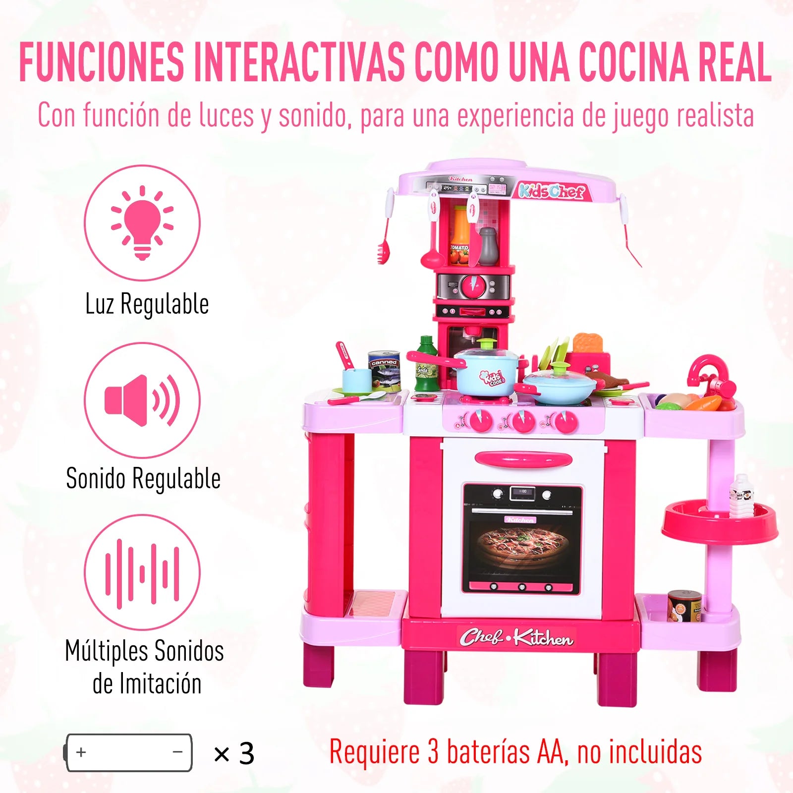 Homcom Kitchen Toy Set for Children over 3 Years Old Early Educational Role Play with 38 Accessories Included Pink