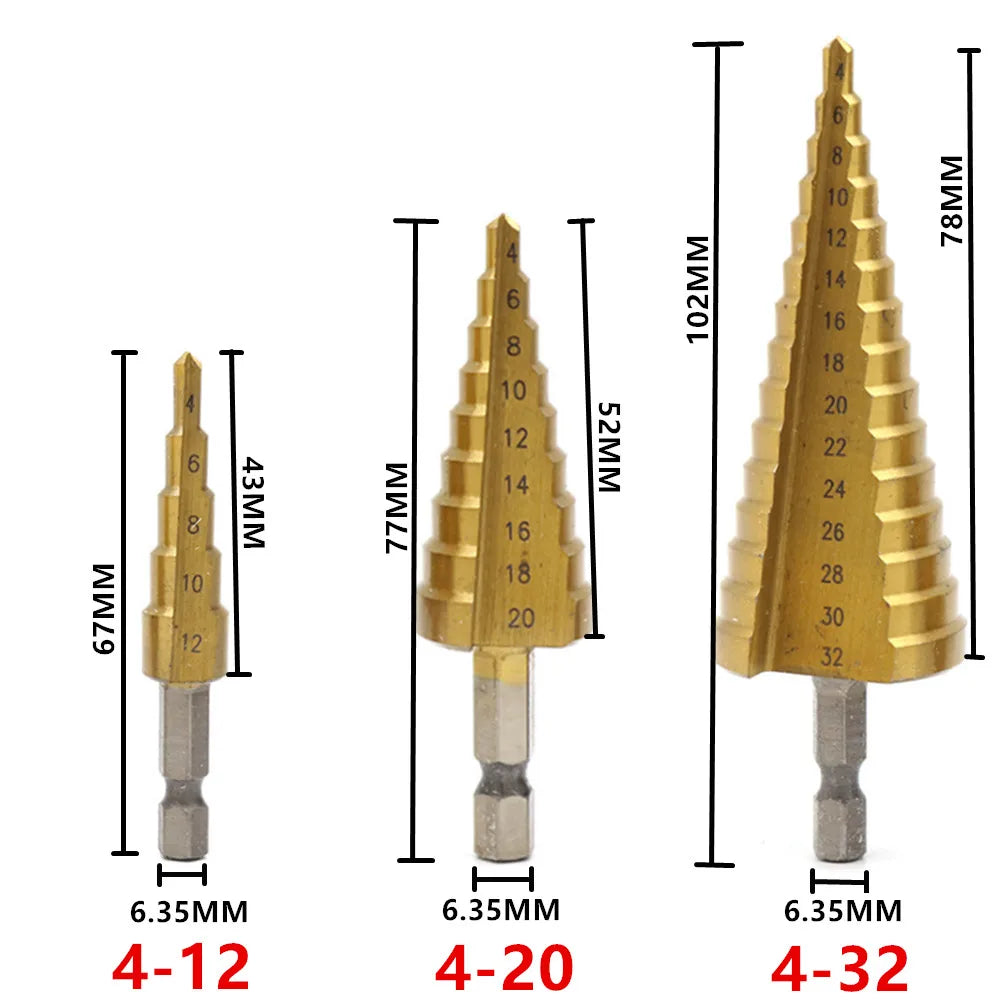 4-12/20/32mm HSS Titanium Coated Step Drill Bit Drilling Power Tools Metal High Speed Steel Wood Hole Cutter Step Cone Drill
