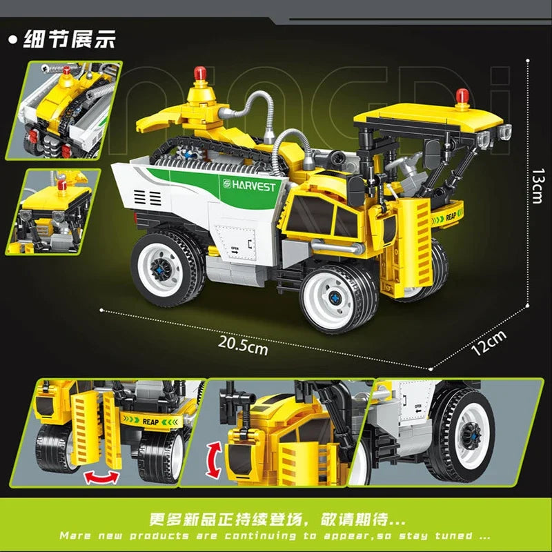 Educational Building Block Set Harvesting Locomotive with Five-Plow Tractor Cotton Picker Car Crane Arm Trailer for Kids Toy