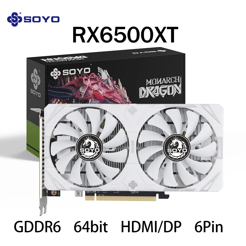 AMD Radeon RX6500XT 4GB Gaming Graphics Card SOYO GDDR6 Memory PCIE4.0x4 Desktop Computer Video Cards HDMI DP 64Bit 6pin ATI 6NM