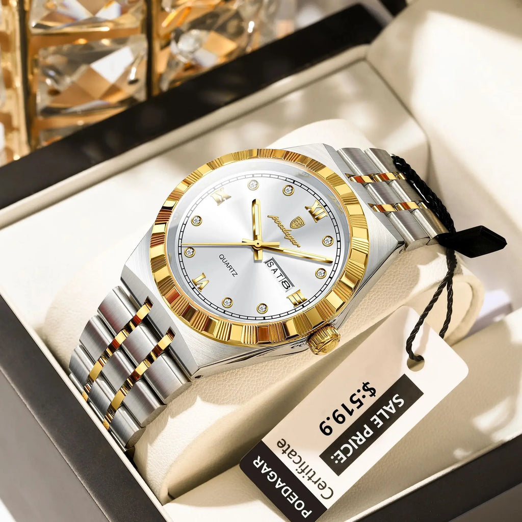 POEDAGAR Luxury Business Male Watch Waterproof Luminous Week Date Men's Wristwatch Stainless Steel Trendy Quartz Watches For Men