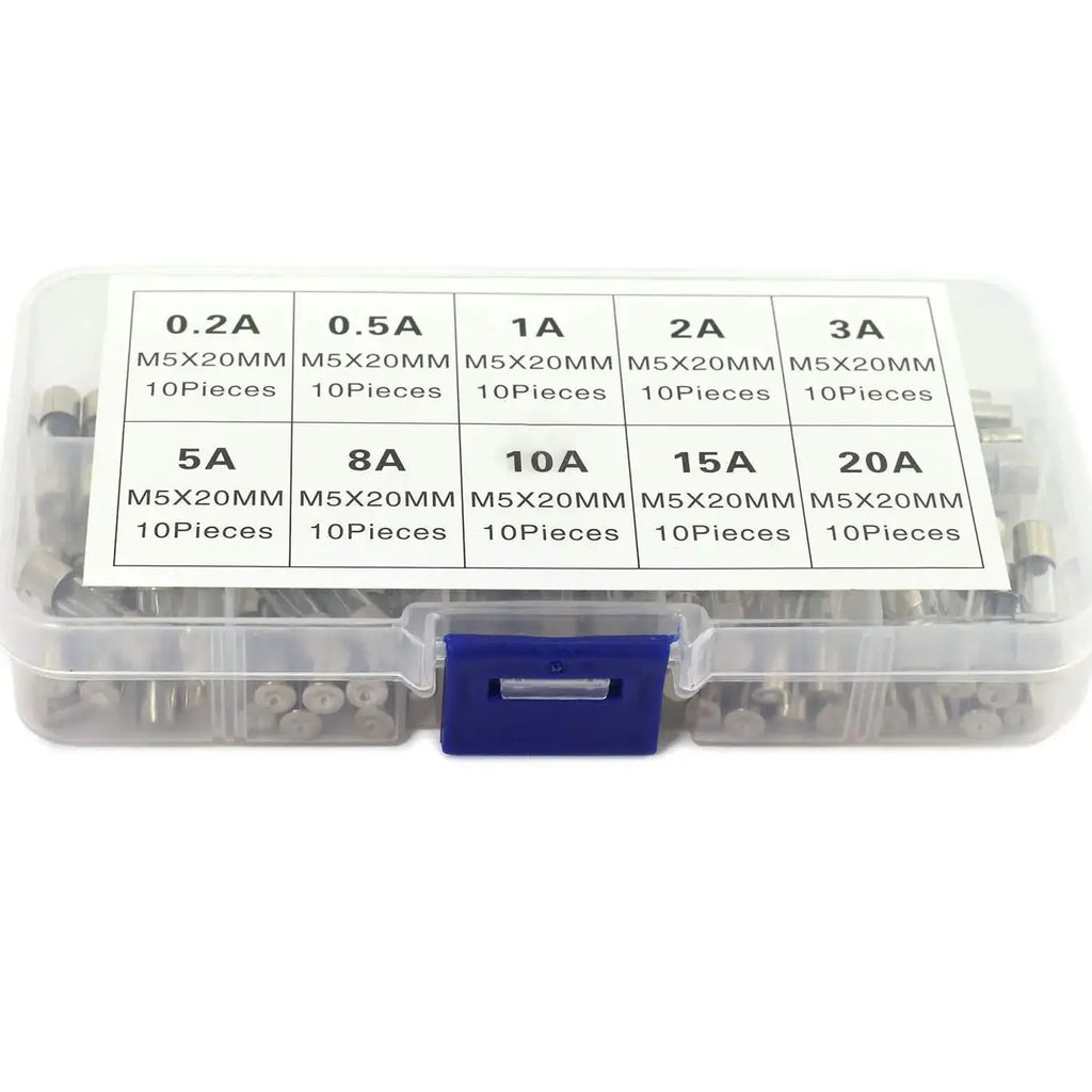 100/72 PCS Fast Blown Glass Fuse Combination Kit 5x20mm 250V 0.1 0.2 0.25 0.5 1 1.5 2 3 4 5 8 10 12 15 20 A In Clear Plastic Box