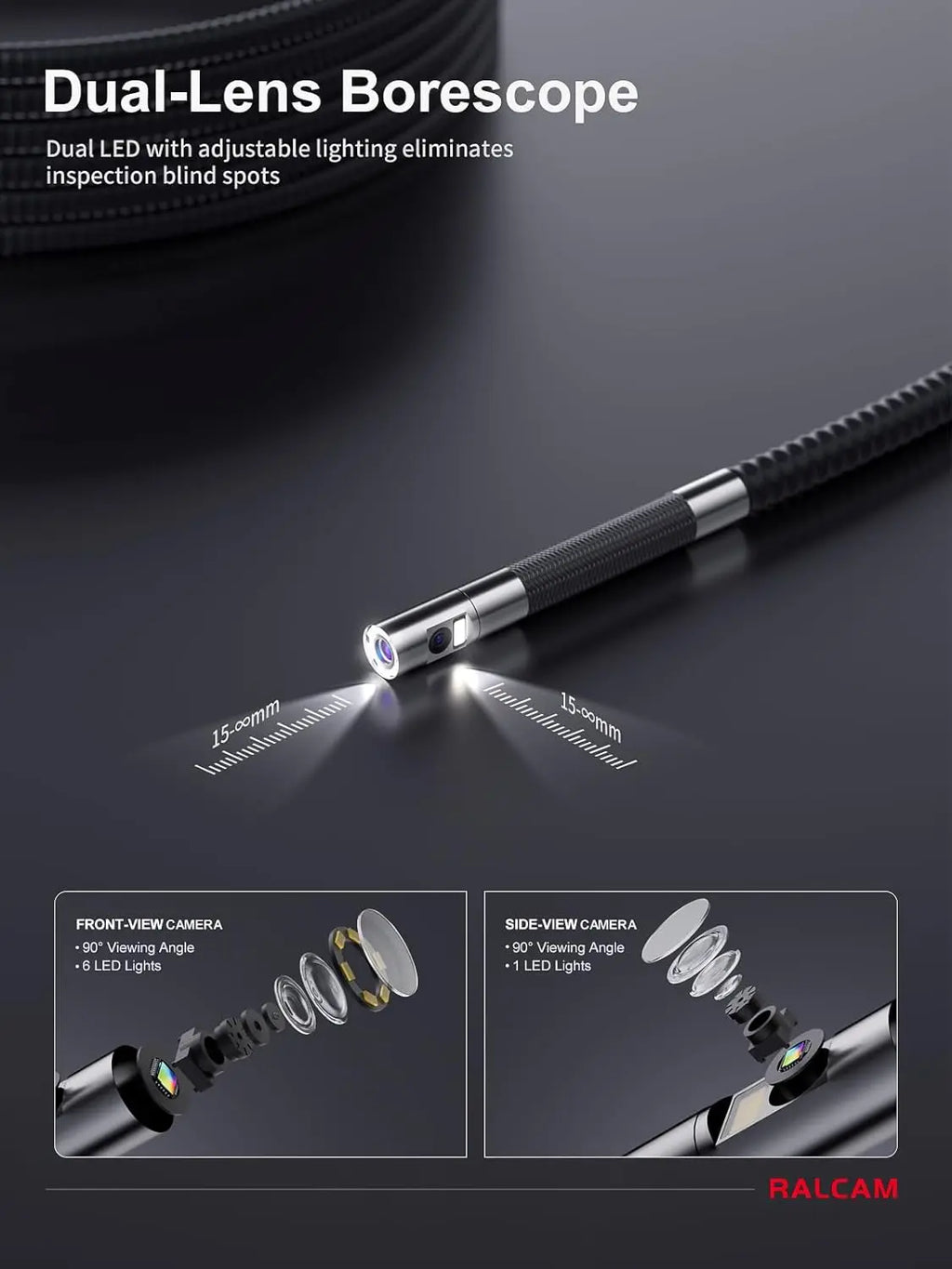RALCAM 720 Degree Rotation Camera 5 lnch Endoscope 6.2mm  Dual 1080P Full HD Endoscope Camera for Industrial Inspection