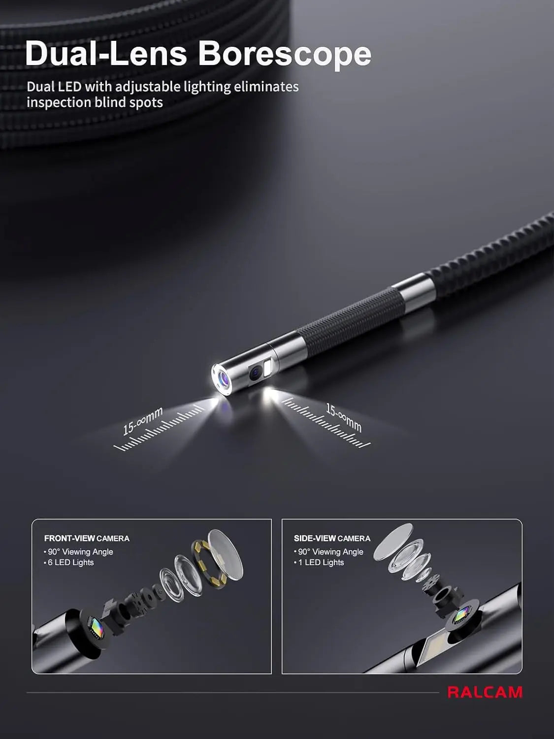 RALCAM 720 Degree Rotation Camera 5 lnch Endoscope 6.2mm  Dual 1080P Full HD Endoscope Camera for Industrial Inspection