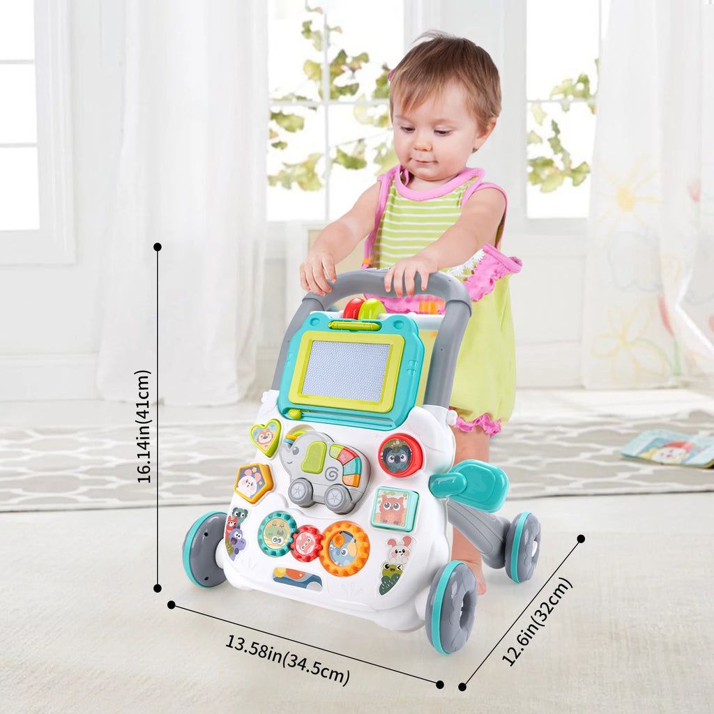 Cartoon Baby Push Walker Toy with Music Drawing Board Multifunction Activity Toddler Walker Learning Walk for 6M+ Infant