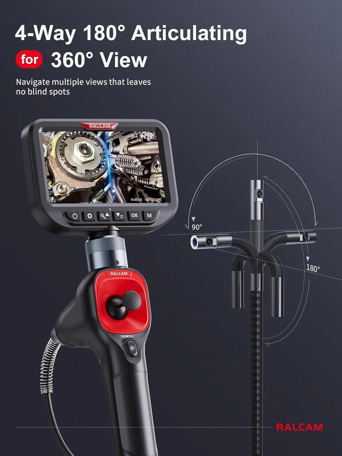 RALCAM 720 Degree Rotation Camera 5 lnch Endoscope 6.2mm  Dual 1080P Full HD Endoscope Camera for Industrial Inspection