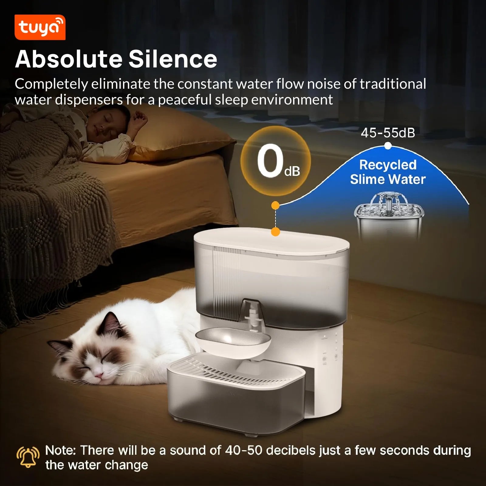 Wireless Cat Water Fountain No Filters, Wastewater Separation,SUS Bowl, 3L Pet Water Fountain for Cats & Dogs Dispenser,White