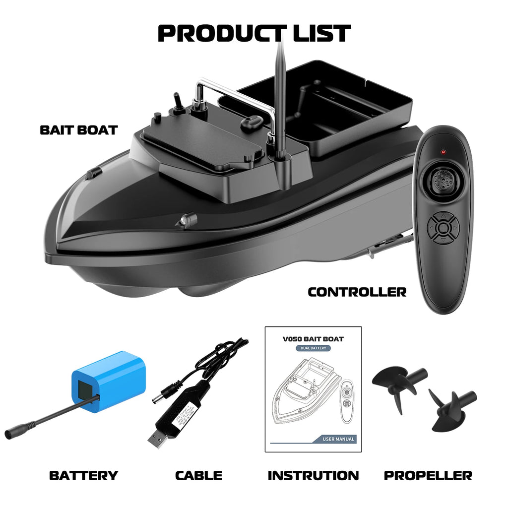 V050 Fishing Bait Boat 500m Remote Control Bait Boat Dual Motor Fish Finder 2KG Loading Support Automatic Cruise/Route Black