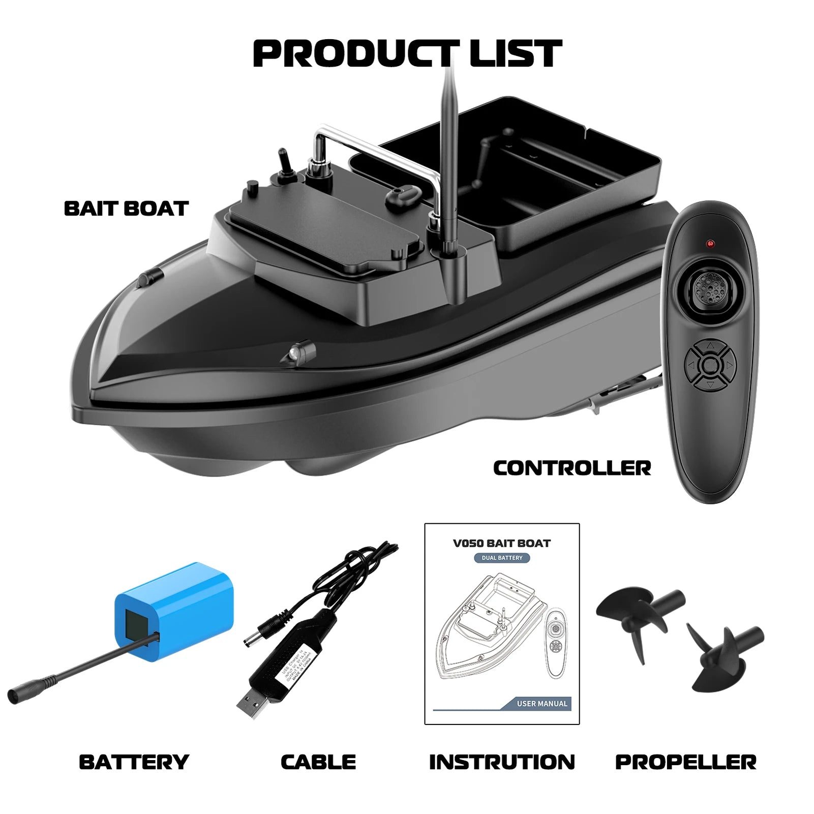 V050 Fishing Bait Boat 500m Remote Control Bait Boat Dual Motor Fish Finder 2KG Loading Support Automatic Cruise/Route Black