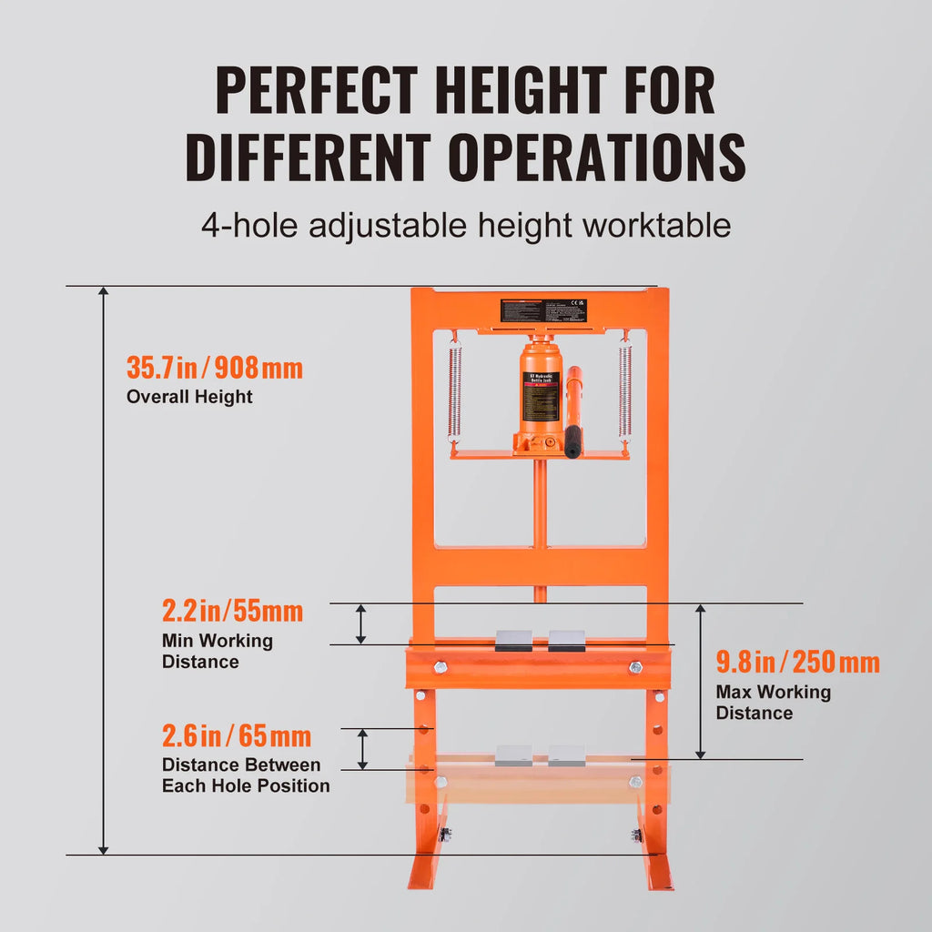 SucceBuy 6/12T Hydraulic H-Frame Garage Floor Adjustable Shop Press with Plates 6T/12T Orange for Garages or Professional Shop