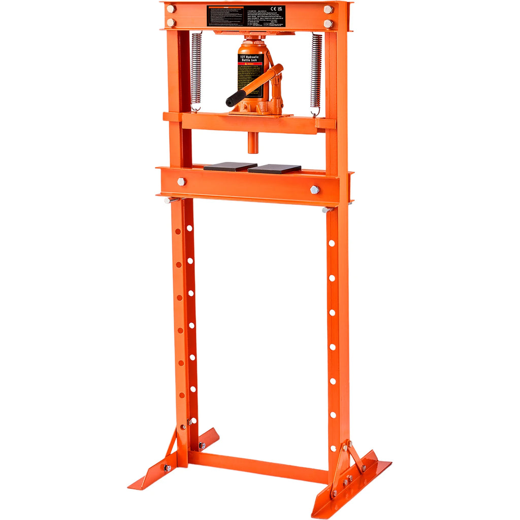 SucceBuy 6/12T Hydraulic H-Frame Garage Floor Adjustable Shop Press with Plates 6T/12T Orange for Garages or Professional Shop