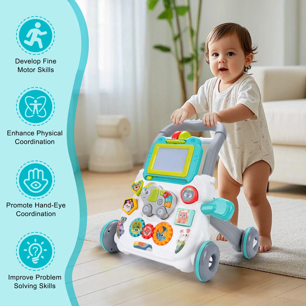 Cartoon Baby Push Walker Toy with Music Drawing Board Multifunction Activity Toddler Walker Learning Walk for 6M+ Infant