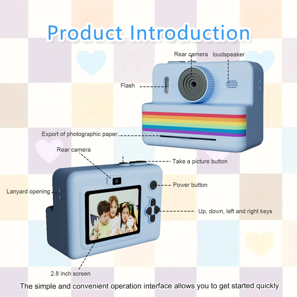 Kids Camera Instant Print Toy 2.8-Inch HD Screen With 32G Memory Card And 3 Rolls Of Printing Paper, Gift For Boys And Girls