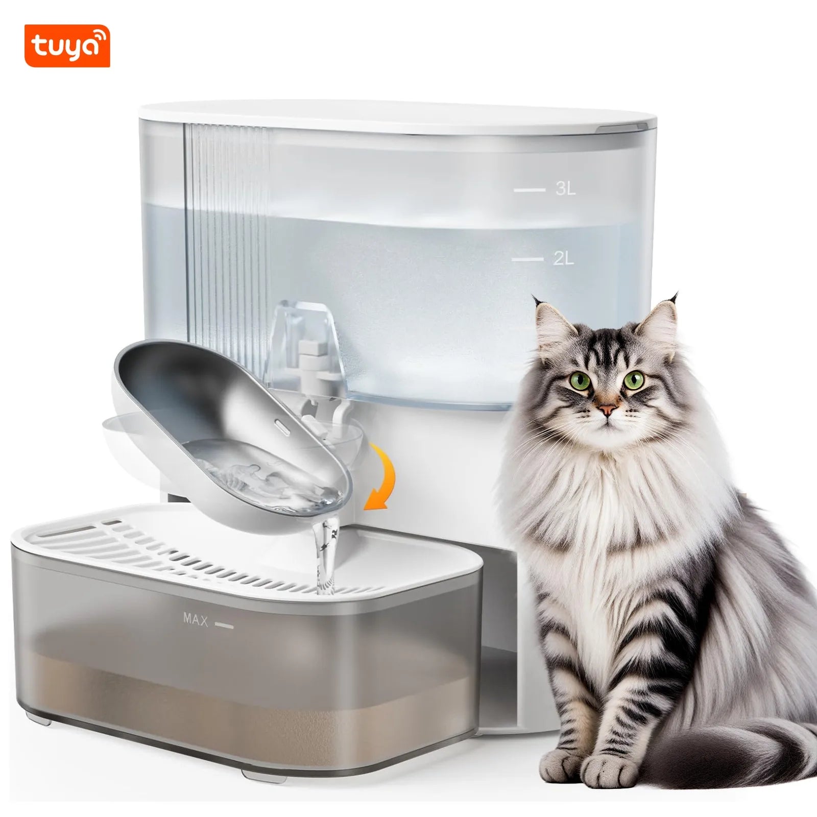 Wireless Cat Water Fountain No Filters, Wastewater Separation,SUS Bowl, 3L Pet Water Fountain for Cats & Dogs Dispenser,White