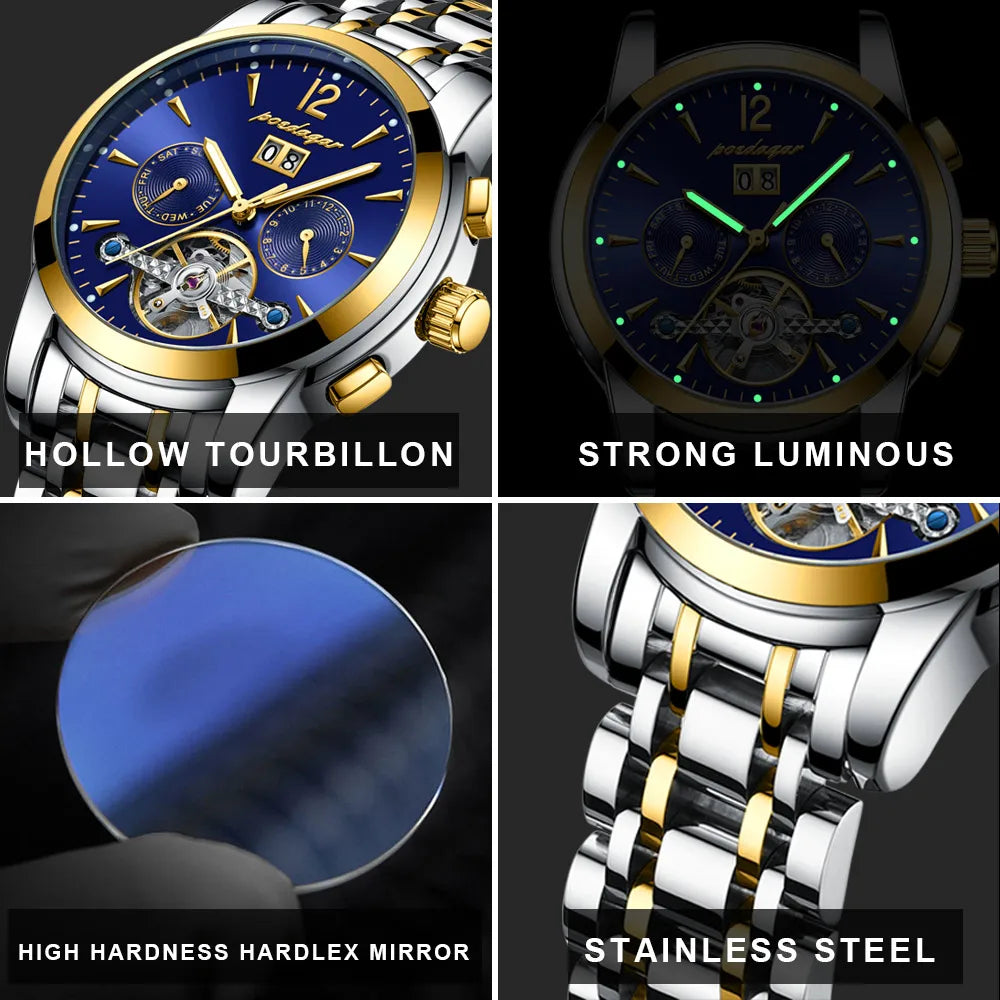 POEDAGAR Automatic Mechanical Luxury Wristwatch Tourbillon Waterproof Date&Week Stainless Steel Men Watch Relogio Masculino+box