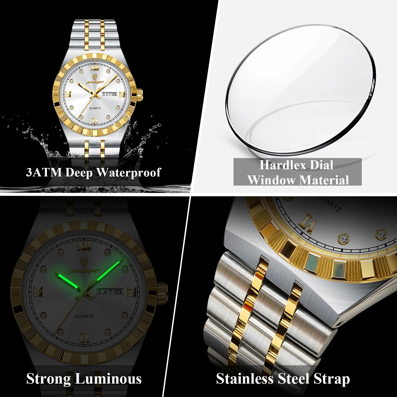 POEDAGAR Luxury Business Male Watch Waterproof Luminous Week Date Men's Wristwatch Stainless Steel Trendy Quartz Watches For Men