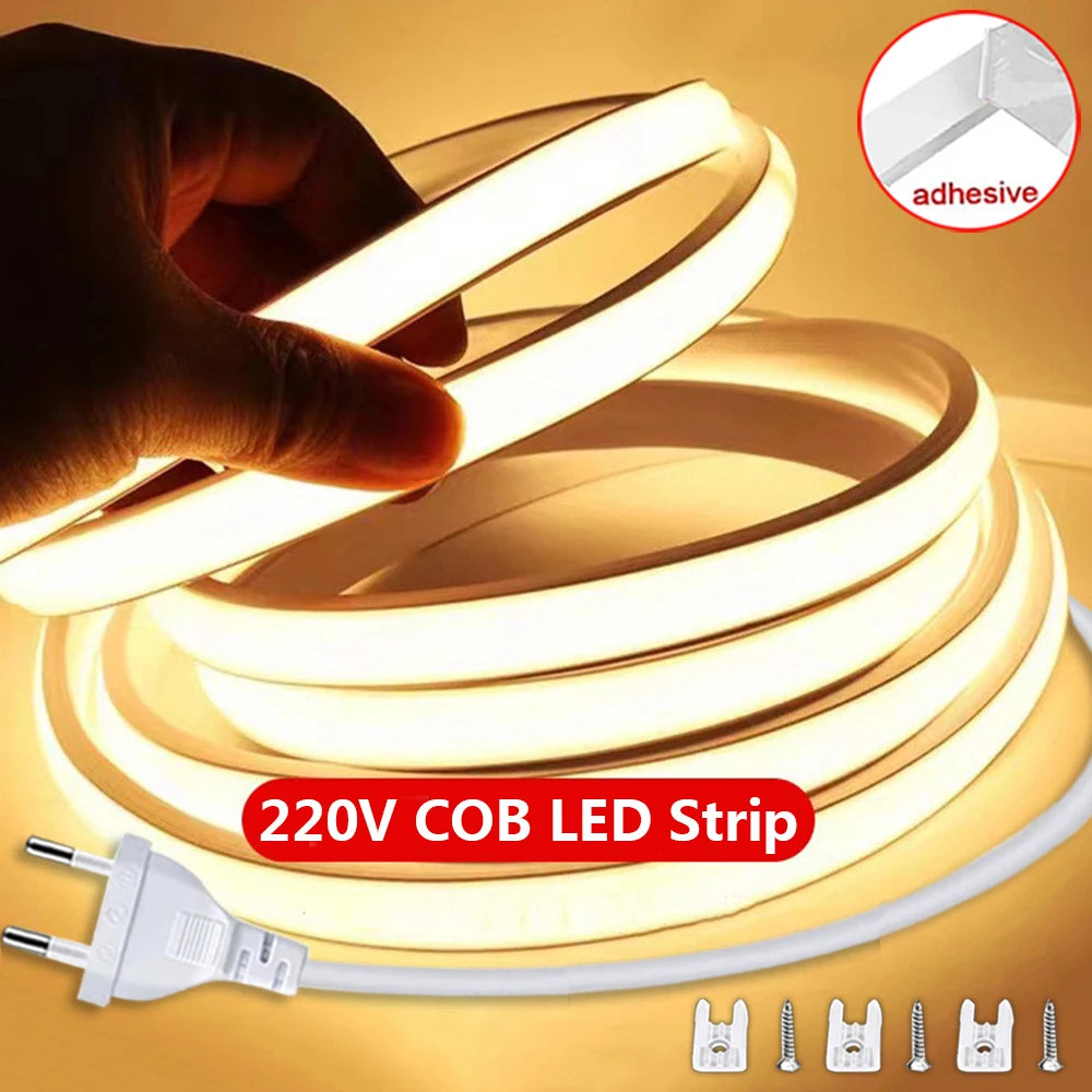 220V Cob LED Tape High Brightness COB LED Strip Waterproof 220V Flexible Ribbon for Room Bedroom Kitchen Outdoor Garden Lighting