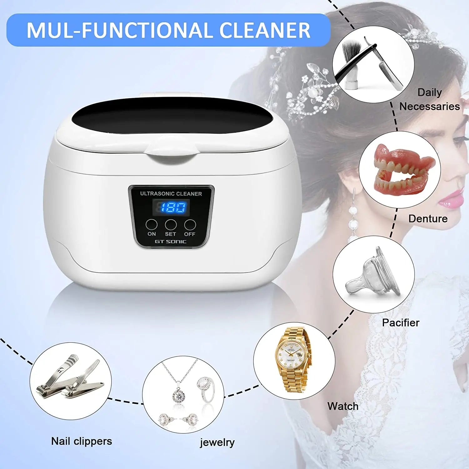 GTSONIC 600ML Ultrasonic Cleaner Bath Timer for Jewelry Parts Glasses Manicure Stones Cutters Dental Razor Brush UltrasoundSonic