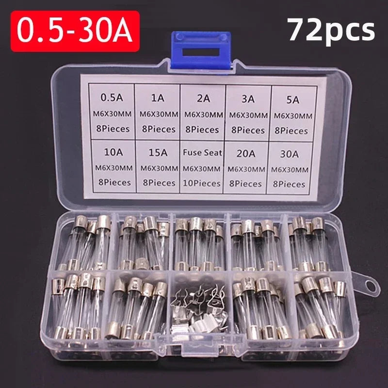 100/72 PCS Fast Blown Glass Fuse Combination Kit 5x20mm 250V 0.1 0.2 0.25 0.5 1 1.5 2 3 4 5 8 10 12 15 20 A In Clear Plastic Box