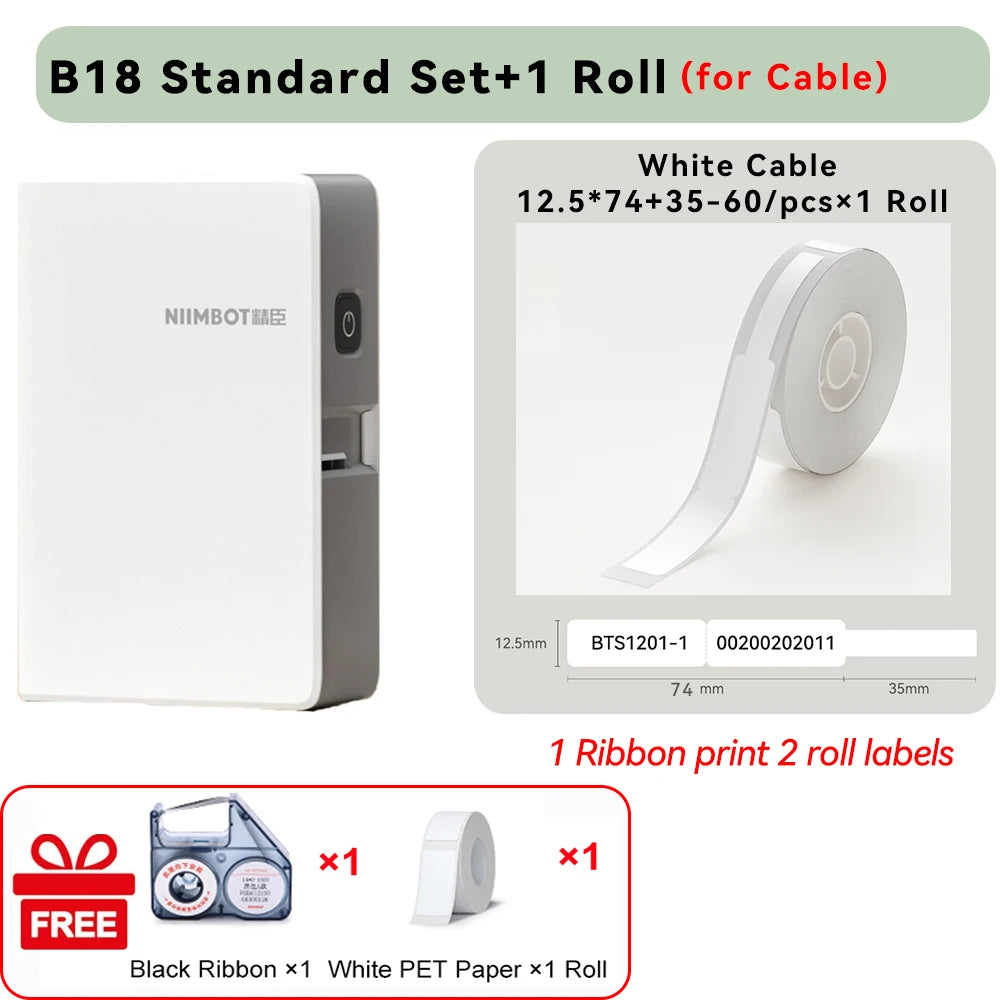 Niimbot N1/B18 Thermal Transfer Label Printer Self-Adhesive Waterproof Cord Labels Tag Wireless Label Maker Cable with Ribbon