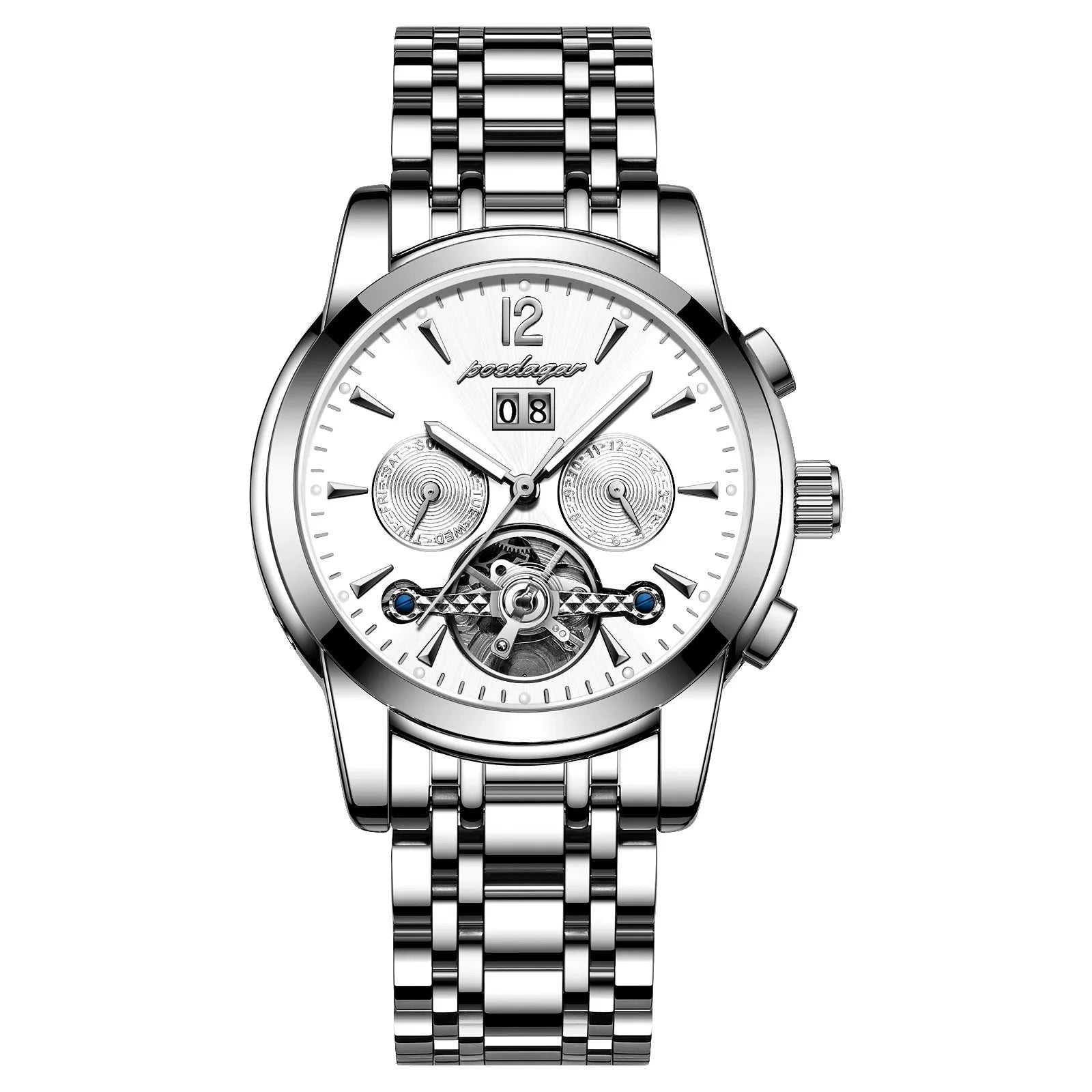 POEDAGAR Automatic Mechanical Luxury Wristwatch Tourbillon Waterproof Date&Week Stainless Steel Men Watch Relogio Masculino+box