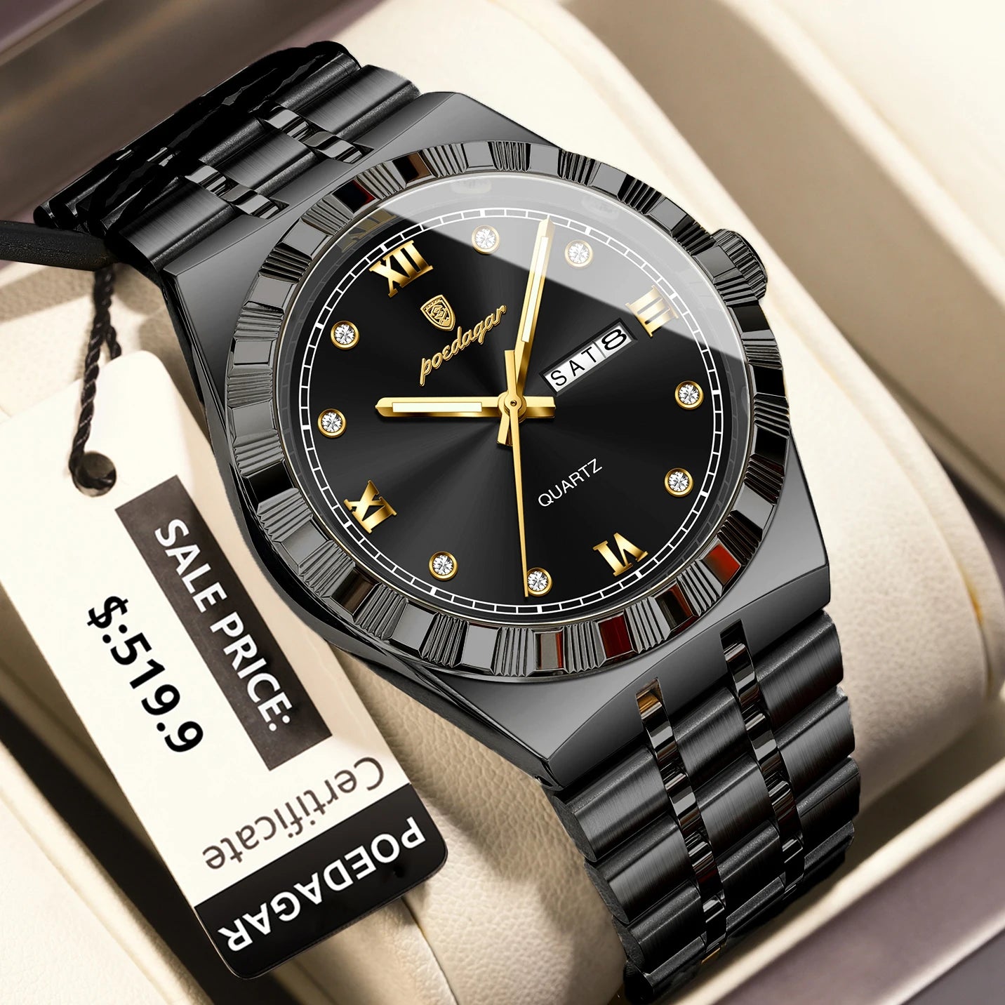 POEDAGAR Luxury Business Male Watch Waterproof Luminous Week Date Men's Wristwatch Stainless Steel Trendy Quartz Watches For Men