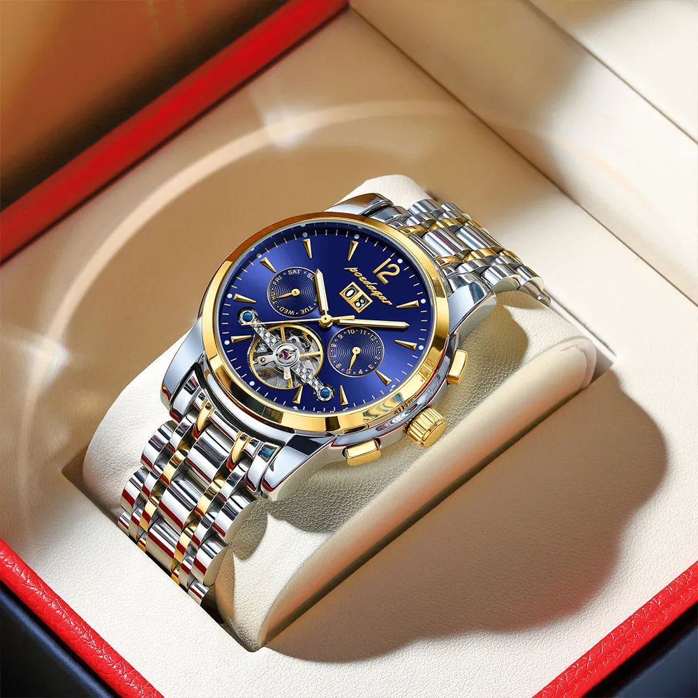 POEDAGAR Automatic Mechanical Luxury Wristwatch Tourbillon Waterproof Date&Week Stainless Steel Men Watch Relogio Masculino+box
