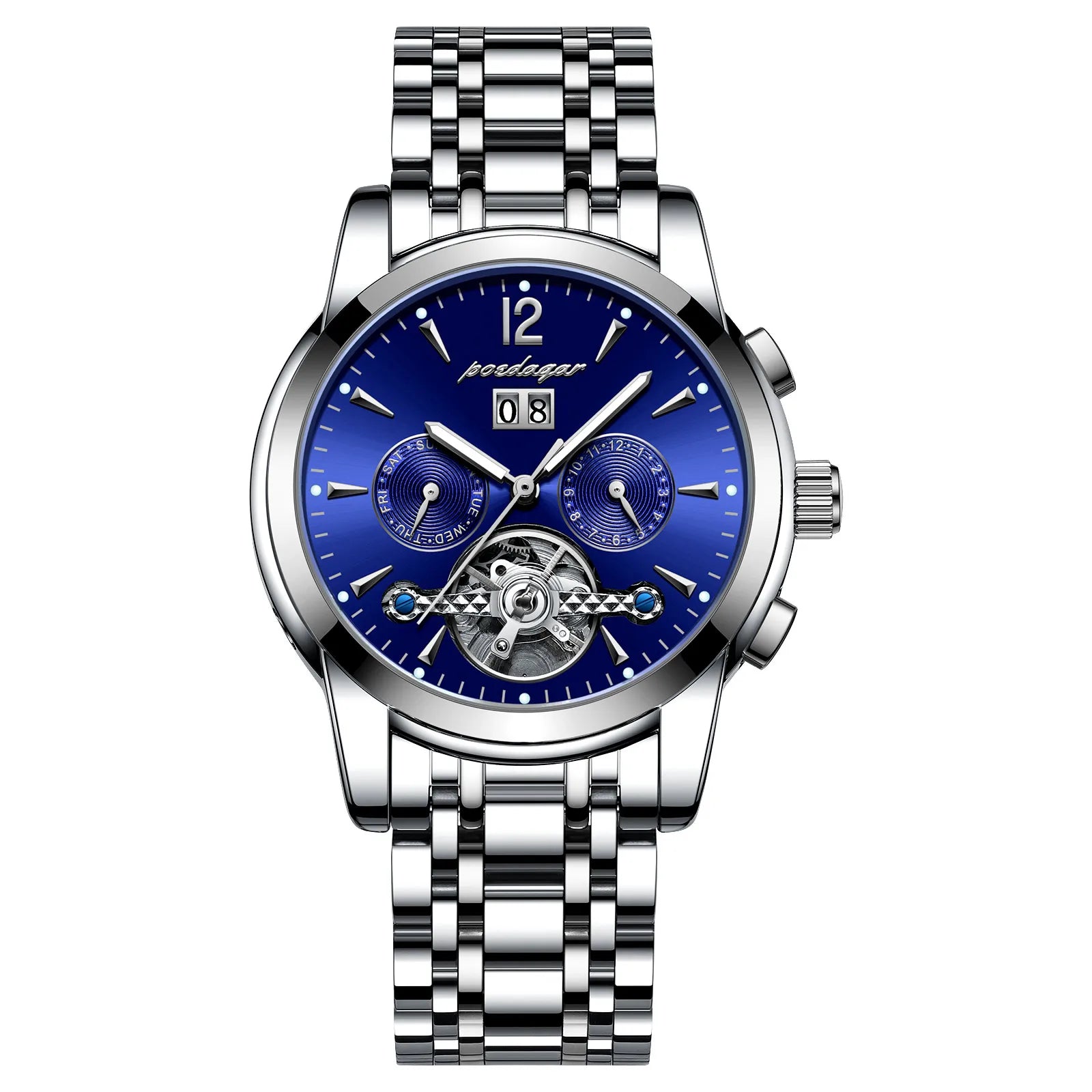 POEDAGAR Automatic Mechanical Luxury Wristwatch Tourbillon Waterproof Date&Week Stainless Steel Men Watch Relogio Masculino+box
