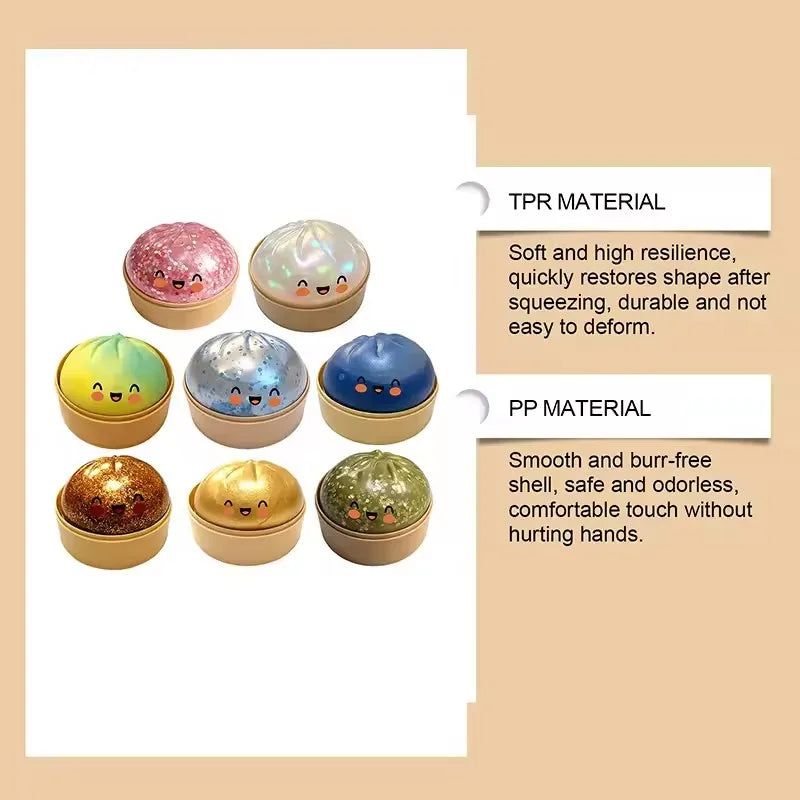 Dumpling shaped stress relief ball with slow bounce and soft touch, used for stress relief in office and home decor as an adult