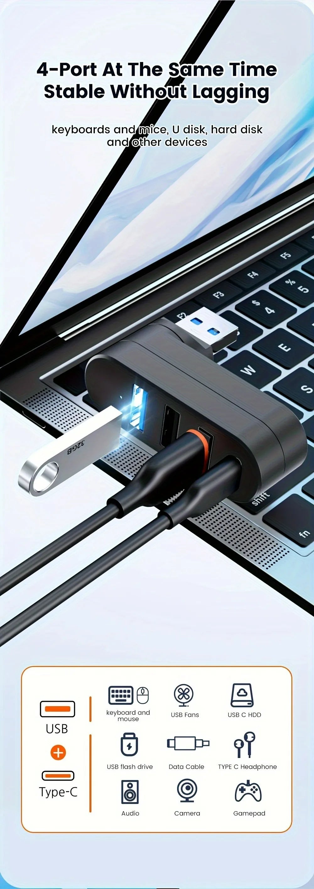 USB Hub 2.0 3.0 Adapter 180° Rotatable Multi Ports U Disk Card Reader Splitter High Speed Data Transfer For Computer Accessories