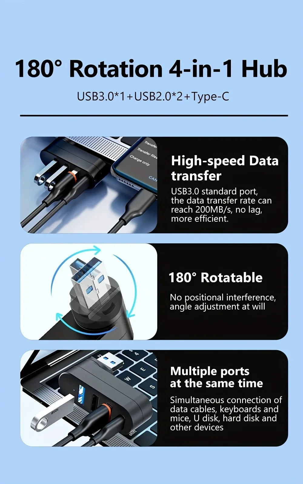 USB Hub 2.0 3.0 Adapter 180° Rotatable Multi Ports U Disk Card Reader Splitter High Speed Data Transfer For Computer Accessories