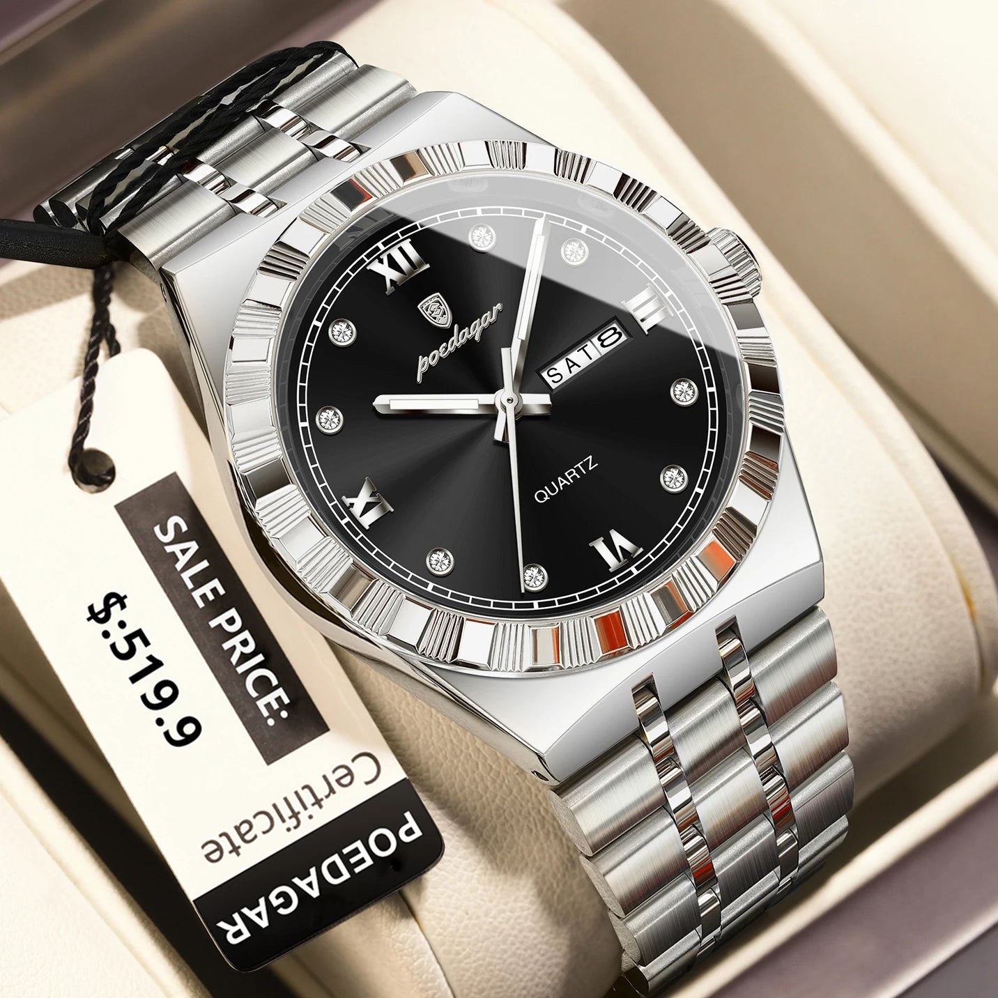 POEDAGAR Luxury Business Male Watch Waterproof Luminous Week Date Men's Wristwatch Stainless Steel Trendy Quartz Watches For Men
