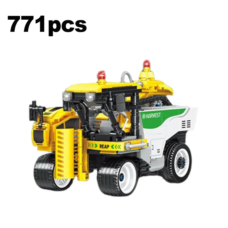Educational Building Block Set Harvesting Locomotive with Five-Plow Tractor Cotton Picker Car Crane Arm Trailer for Kids Toy