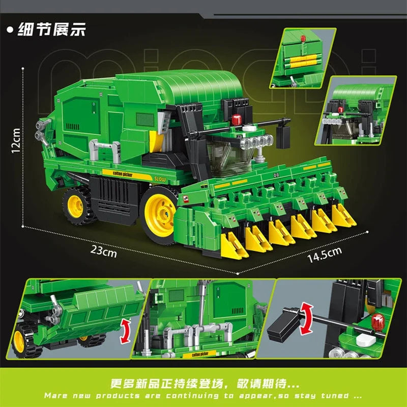 Educational Building Block Set Harvesting Locomotive with Five-Plow Tractor Cotton Picker Car Crane Arm Trailer for Kids Toy