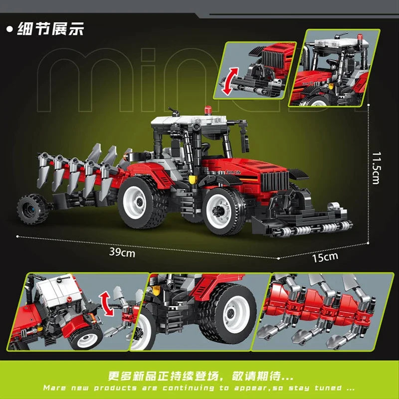 Educational Building Block Set Harvesting Locomotive with Five-Plow Tractor Cotton Picker Car Crane Arm Trailer for Kids Toy