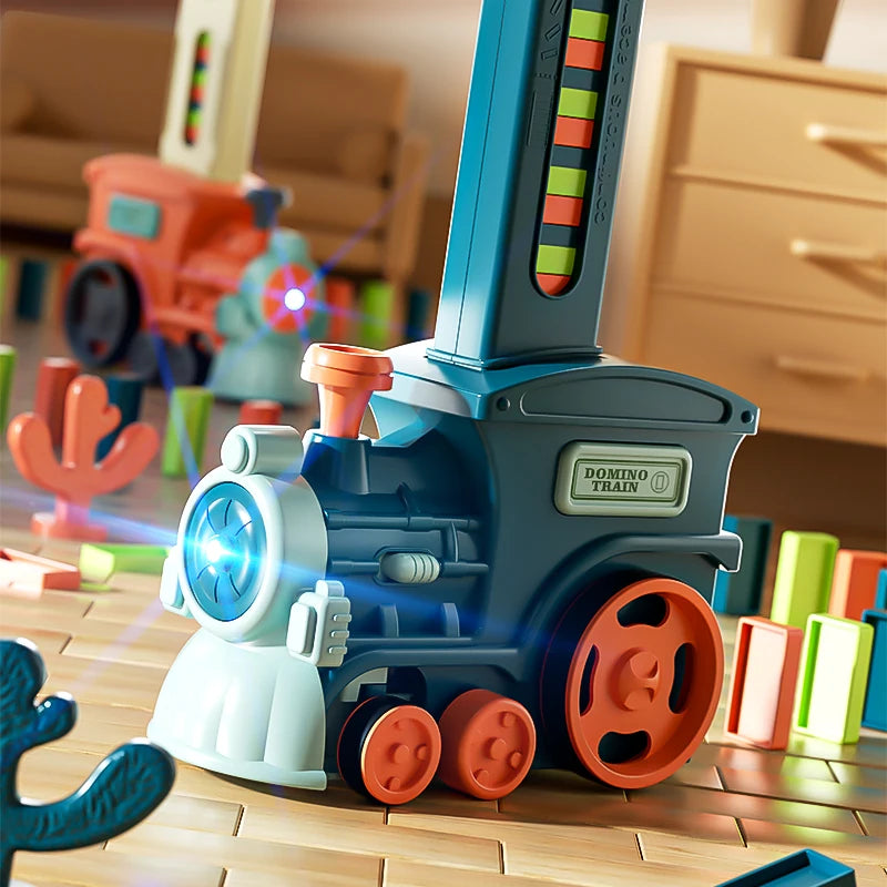 Automatic Domino Laying Toy Electric Car, 60PCS Colorful Blocks with Sound & Light, STEM Educational Building Kit for Kids