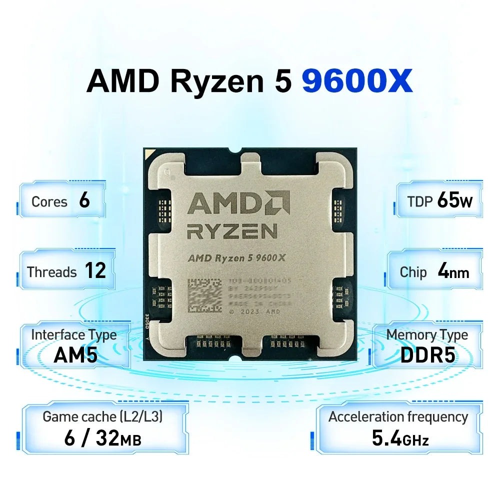 AMD Ryzen 5 9600X 6-Core 12-Thread L3=32M 5.4GHz Gaming Processor 65W 4NM R5 9600X DDR5 Socket AM5 No Fan
