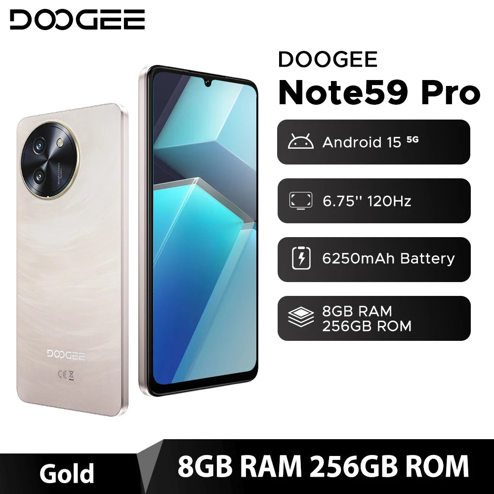 DOOGEE Note59 Pro 5G Smartphone 6.75" HD+ Android 15 Mobile Phone 8GB RAM 256GB ROM 6250mAh Battery NFC Global Version  Cellphon