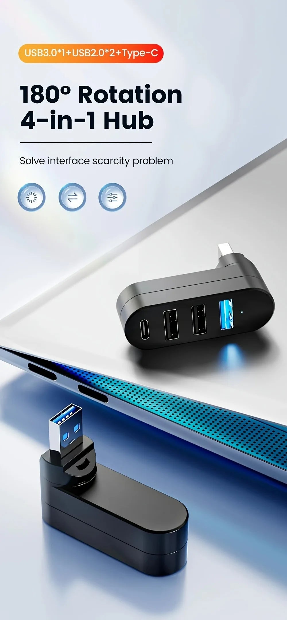 USB Hub 2.0 3.0 Adapter 180° Rotatable Multi Ports U Disk Card Reader Splitter High Speed Data Transfer For Computer Accessories