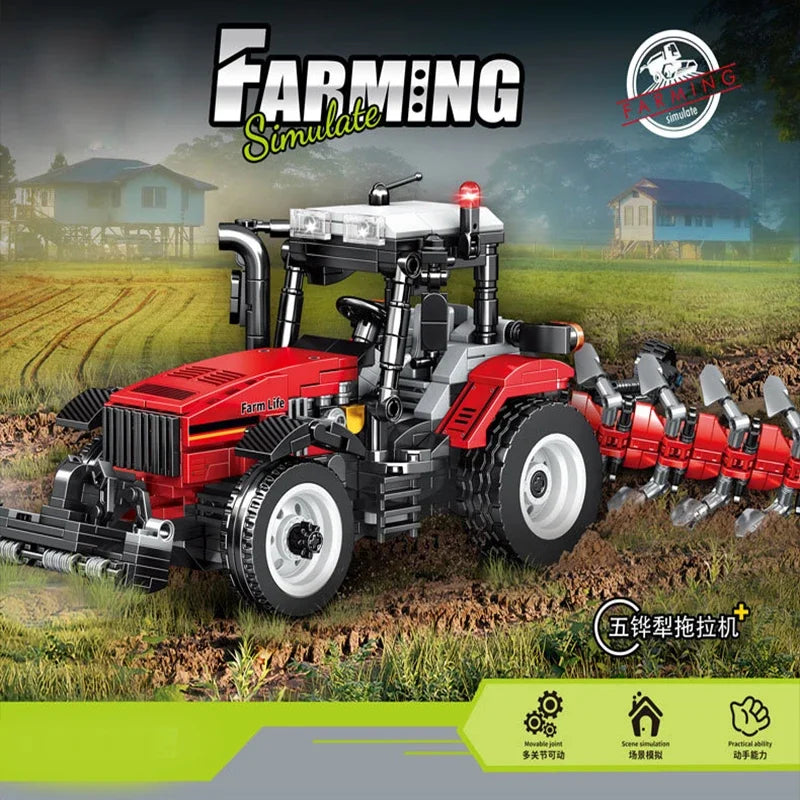 Educational Building Block Set Harvesting Locomotive with Five-Plow Tractor Cotton Picker Car Crane Arm Trailer for Kids Toy
