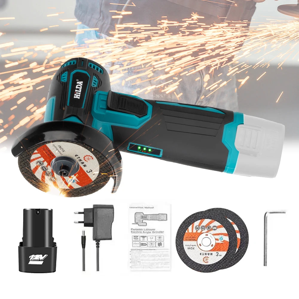 HILDA 12V 3/4 Inch Lithium Electric Angle Grinder Rechargeable Battery Brushless/Brushed Polishing Machine  Mini Cutting Machine